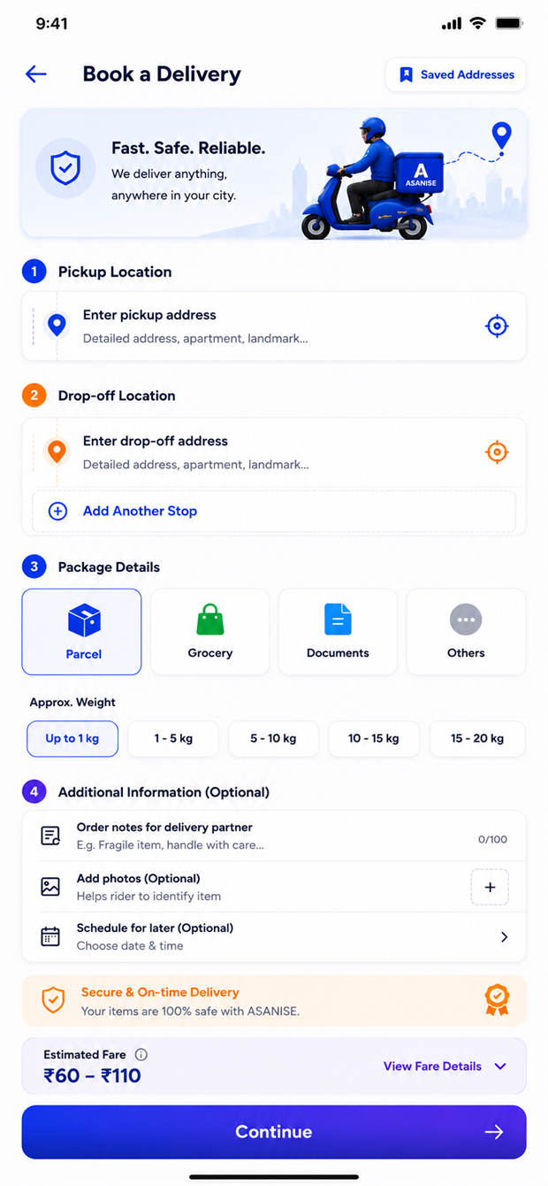 ASANI SE Booking and Address Screen